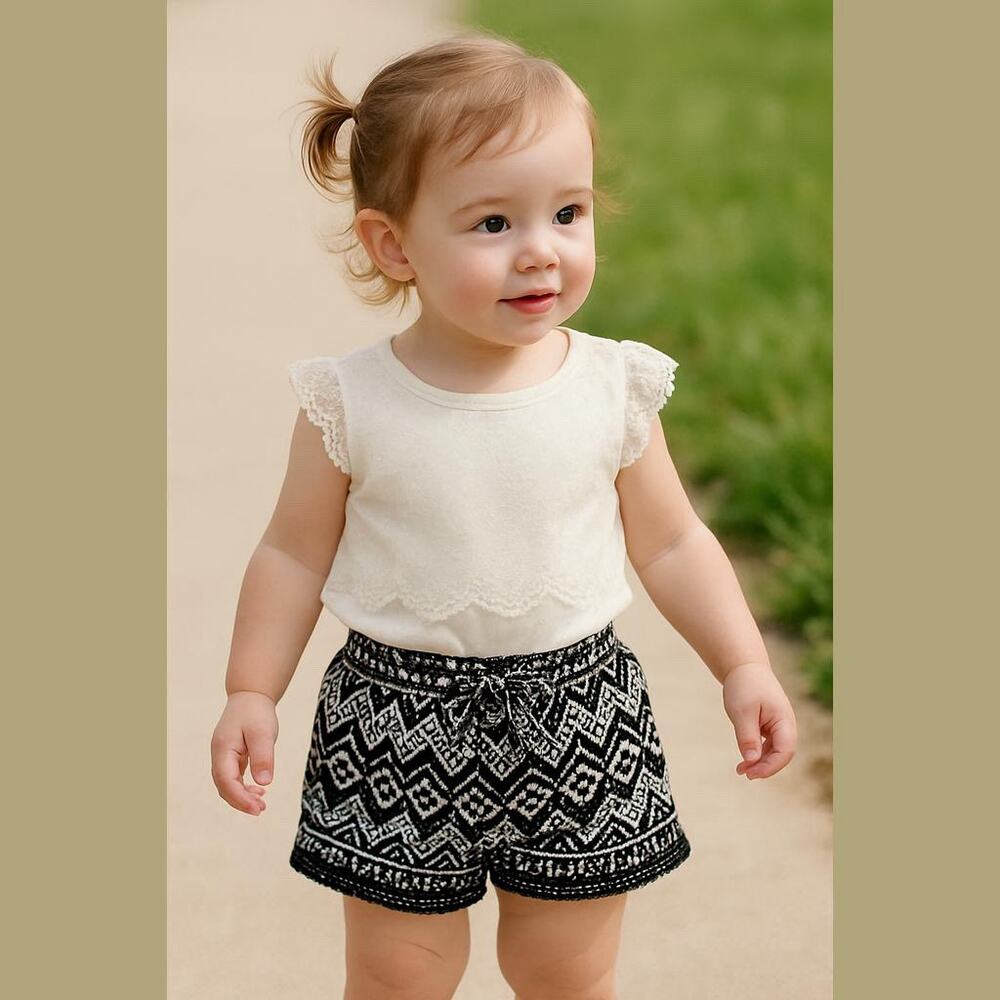 Koala Kids Girls Outfit‎ Size 2T Sahara Black Cream Lace Funky Print Top Shorts
